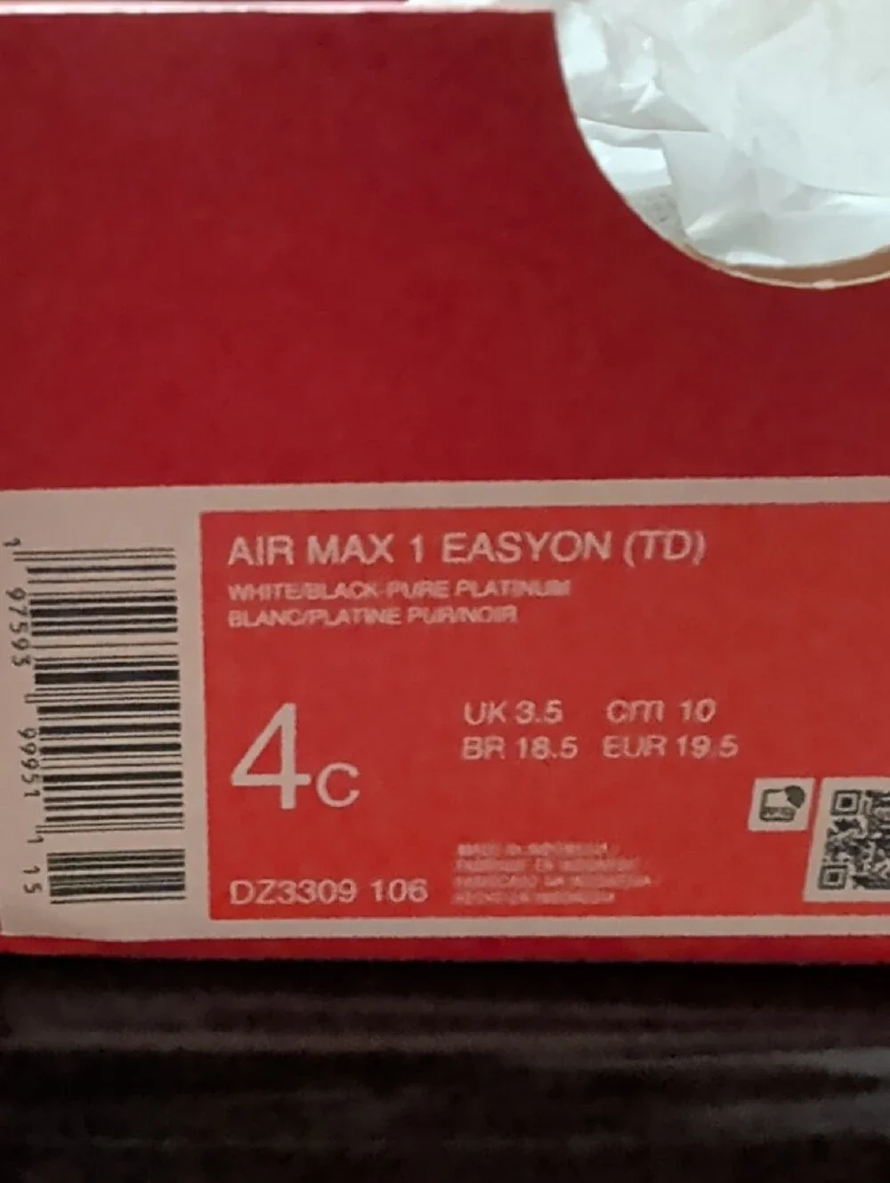 Nike Air Max 1 Easyon (TD) White Black Toddler Sneakers Size 4C NIB $65